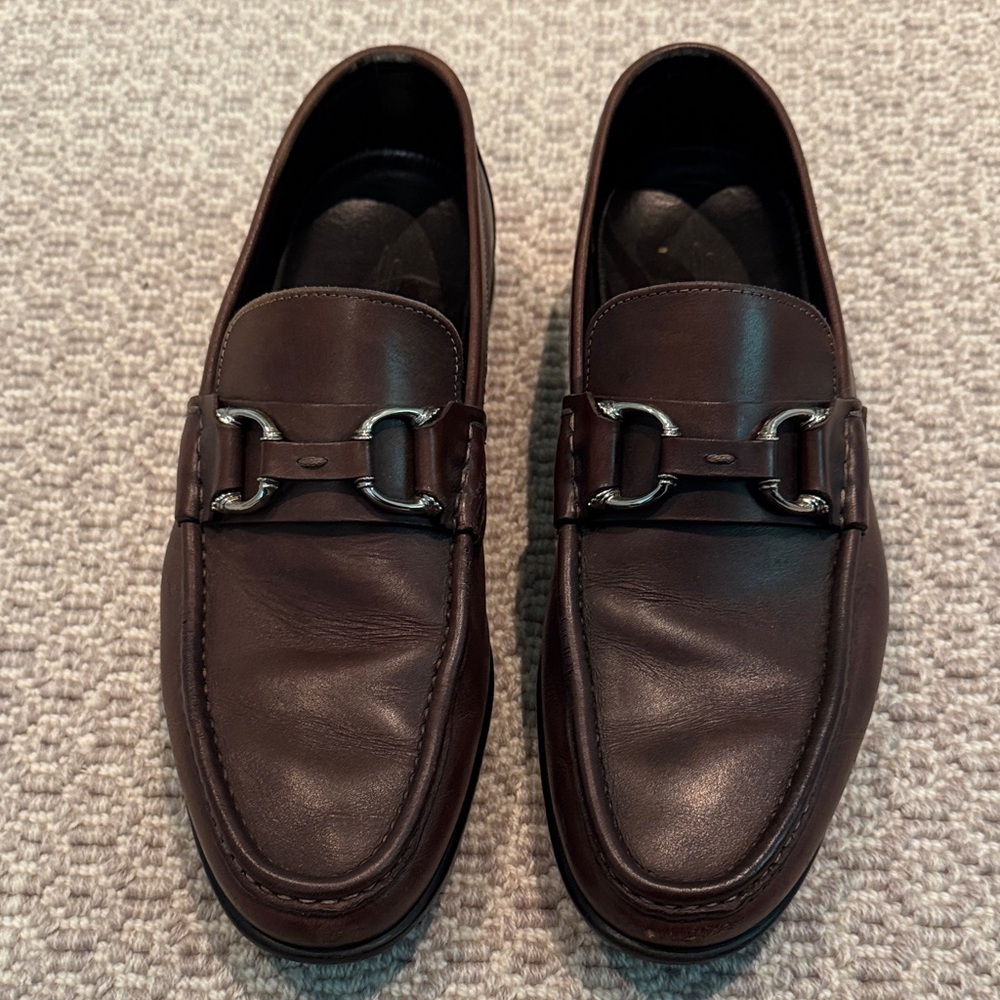 Santoni Dark Brown Leather Slip-On Loafers